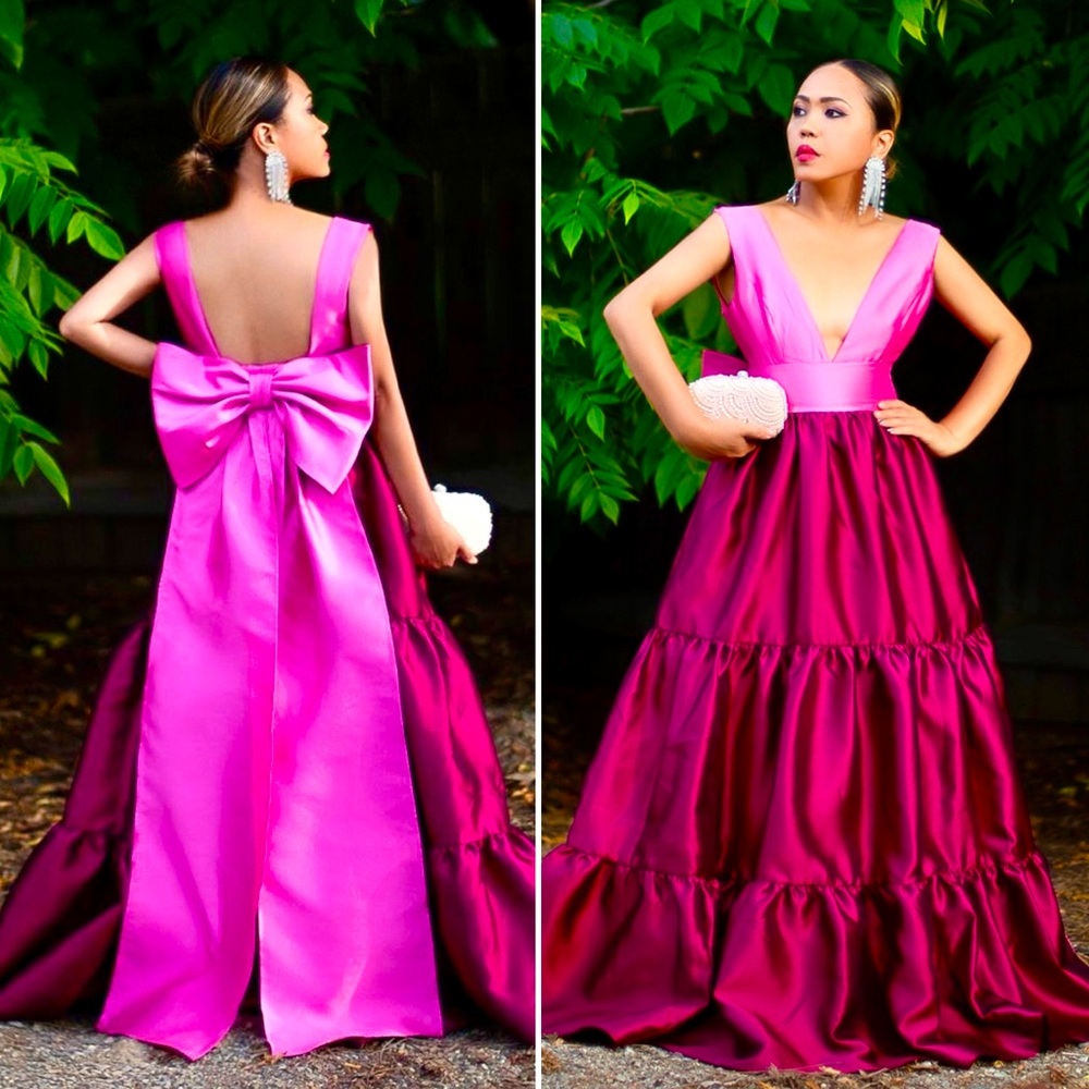 Hutch Harlo Bow Back Satin Tiered Maxi Dress Pink Magenta Formal Wedding 4 Small - Picture 13 of 15